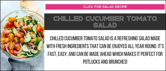 Chilled cucumber tomato salad photo with summary on a recipe card link. 
