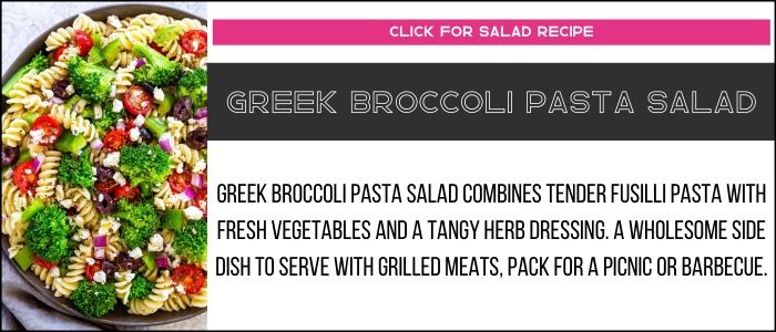 Greek broccoli pasta salad photo with summary on a recipe card link. 