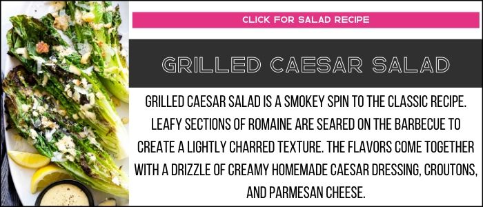 Grilled Caesar salad photo with summary on a recipe card link. 