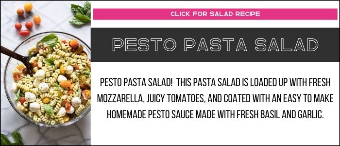 Pesto pasta salad photo with summary on a recipe card link. 