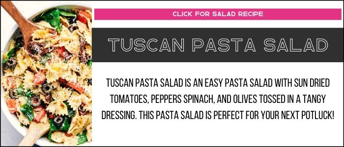 Tuscan pasta salad photo with summary on a recipe card link. 