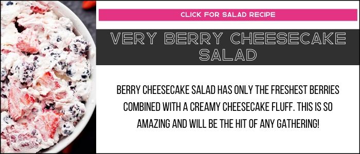 Very berry cheesecake salad photo with summary on a recipe card link. 
