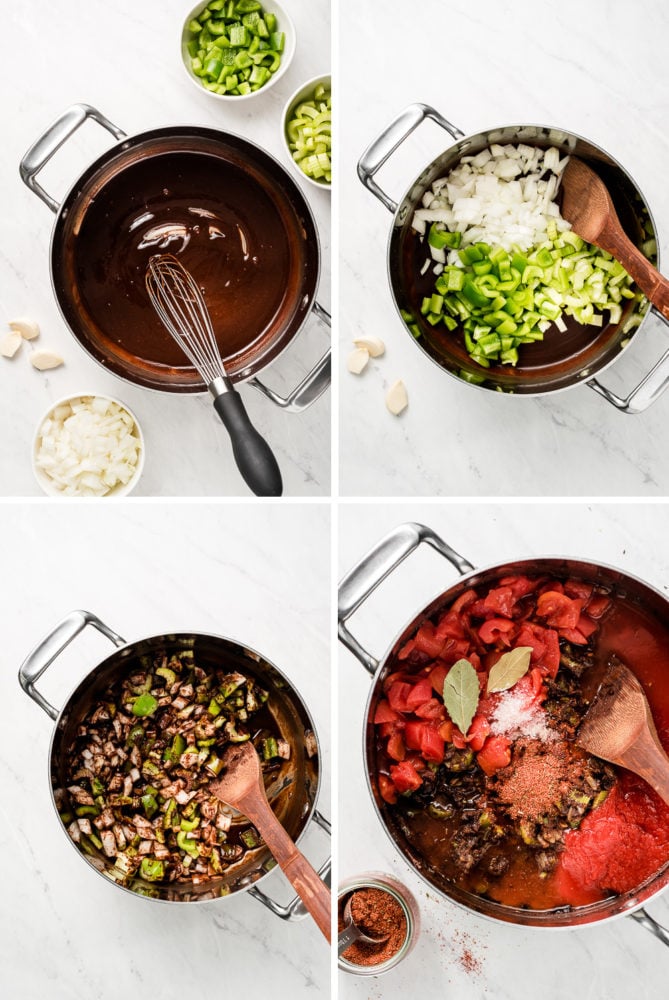 Process shots of making a dark roux; mixing in celery, onion, and green bell pepper; and adding in tomatoes and seasoning.