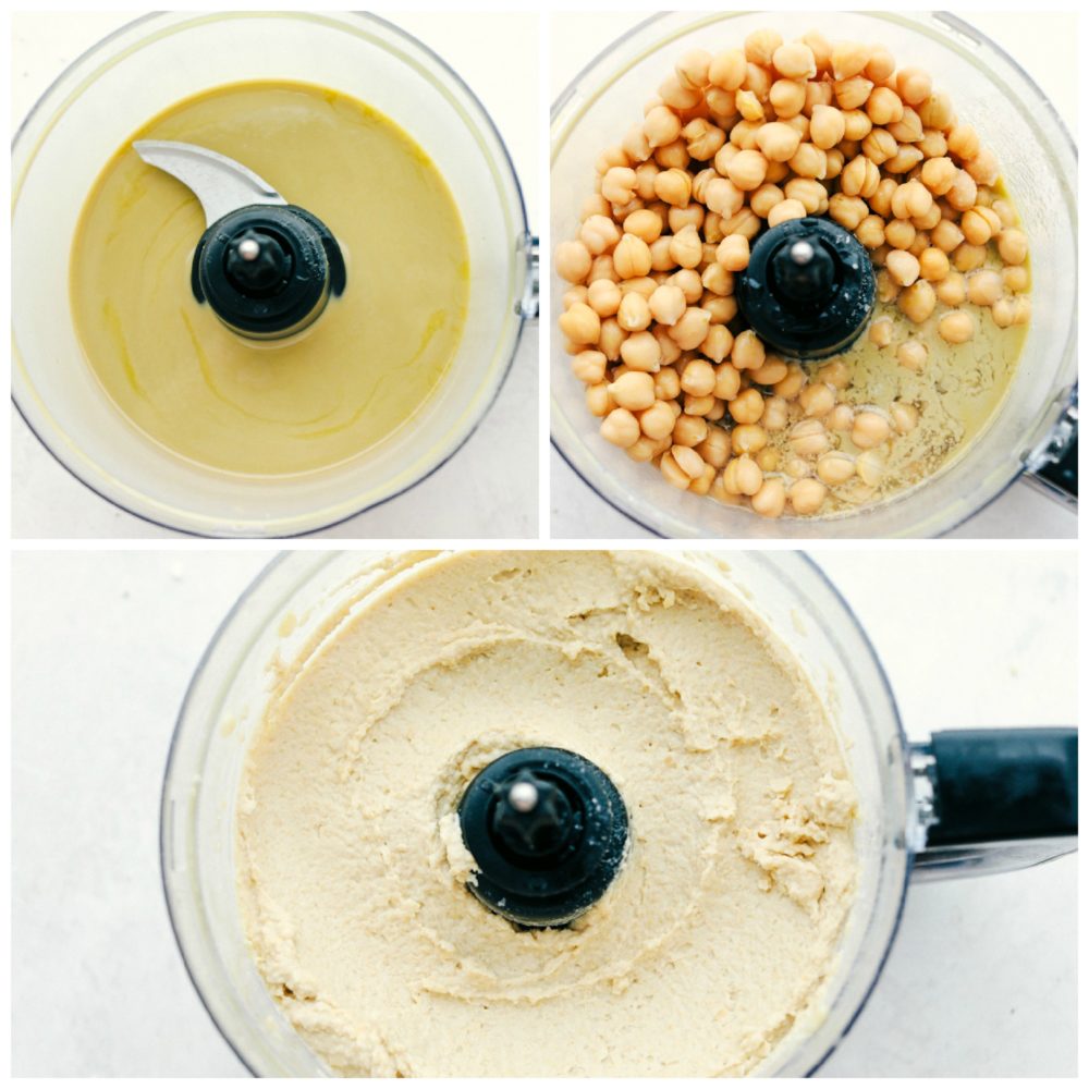 Drei Fotos zeigen, wie der Mixer die Hummus-Zutaten miteinander vermischt. 