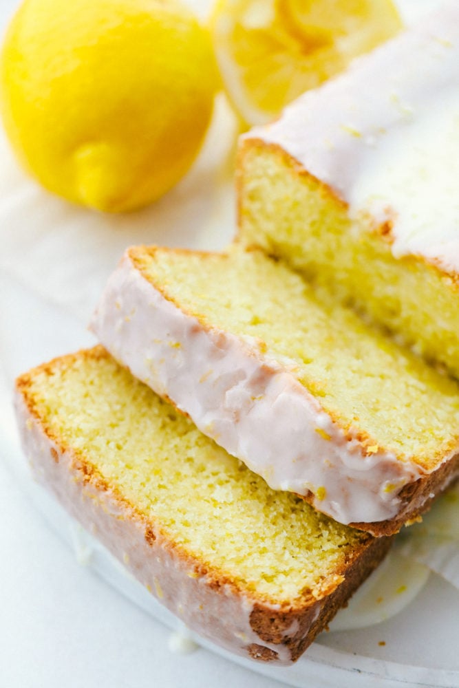 Slices of glazed lemon bread.