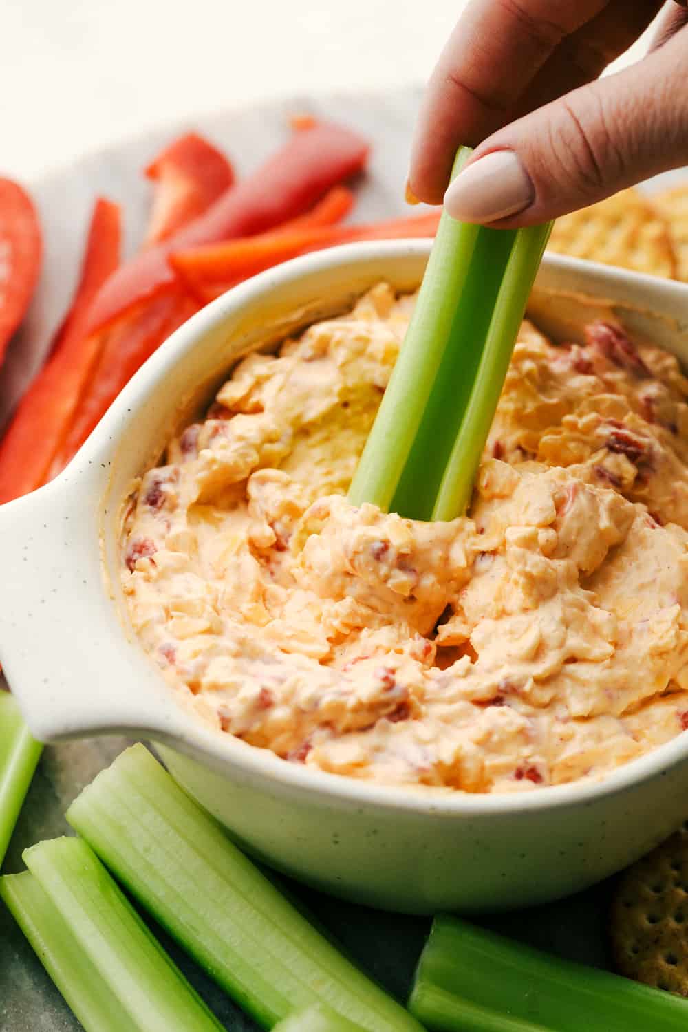 Creamy, cheesy Pimento Dip with veggies.