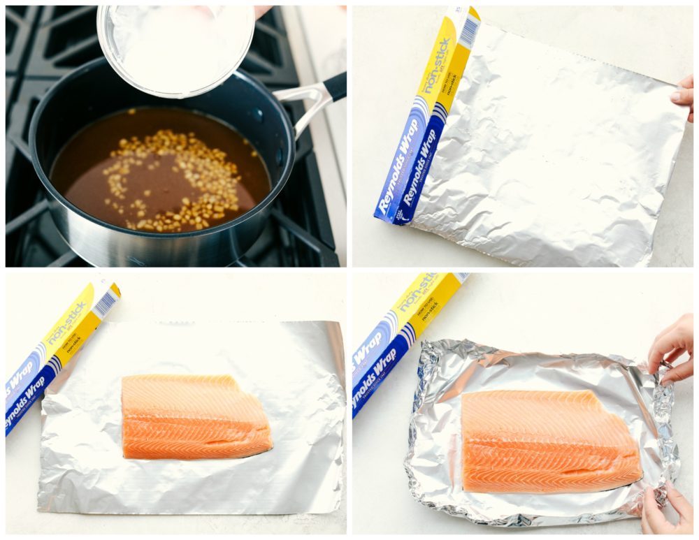 The process of wrapping the salmon in Reynolds wrap aluminum foil. 