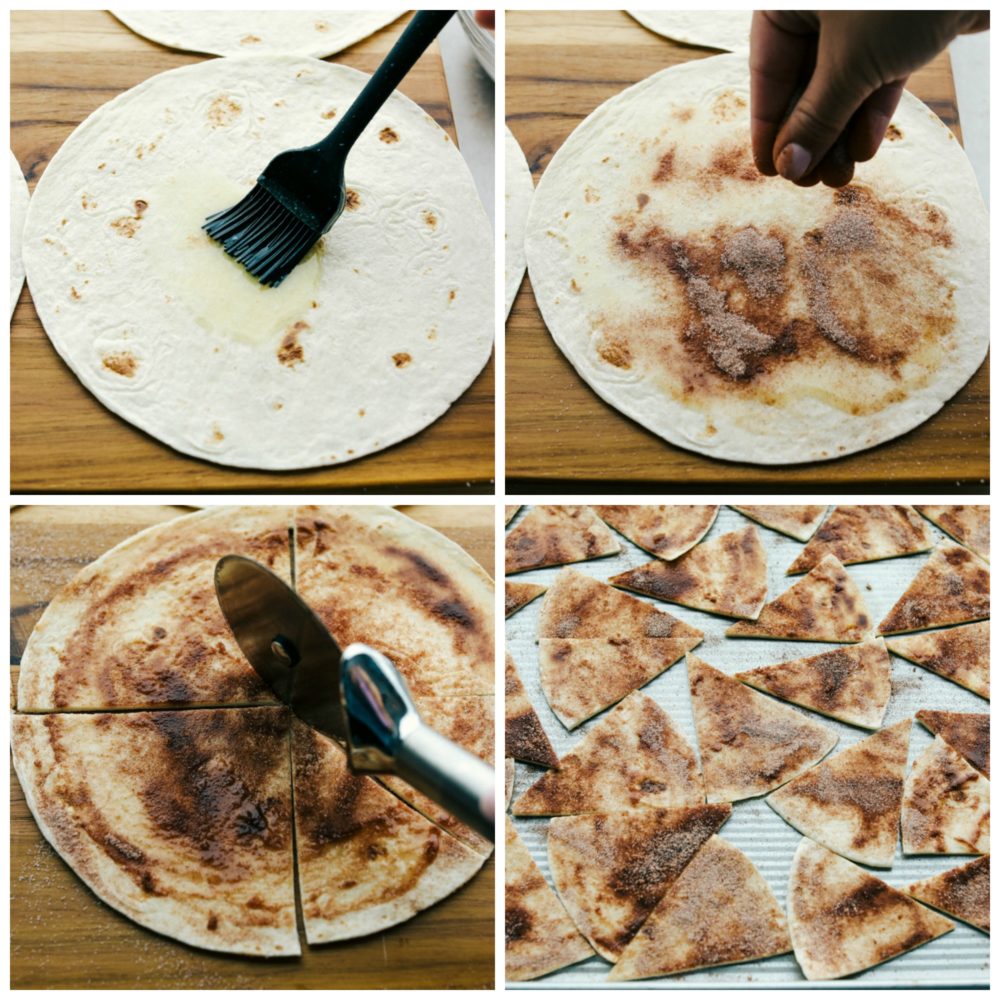Tortilla being brushed with butter then adding cinnamon over top and cutting into triangle slices with a pizza cutter. 