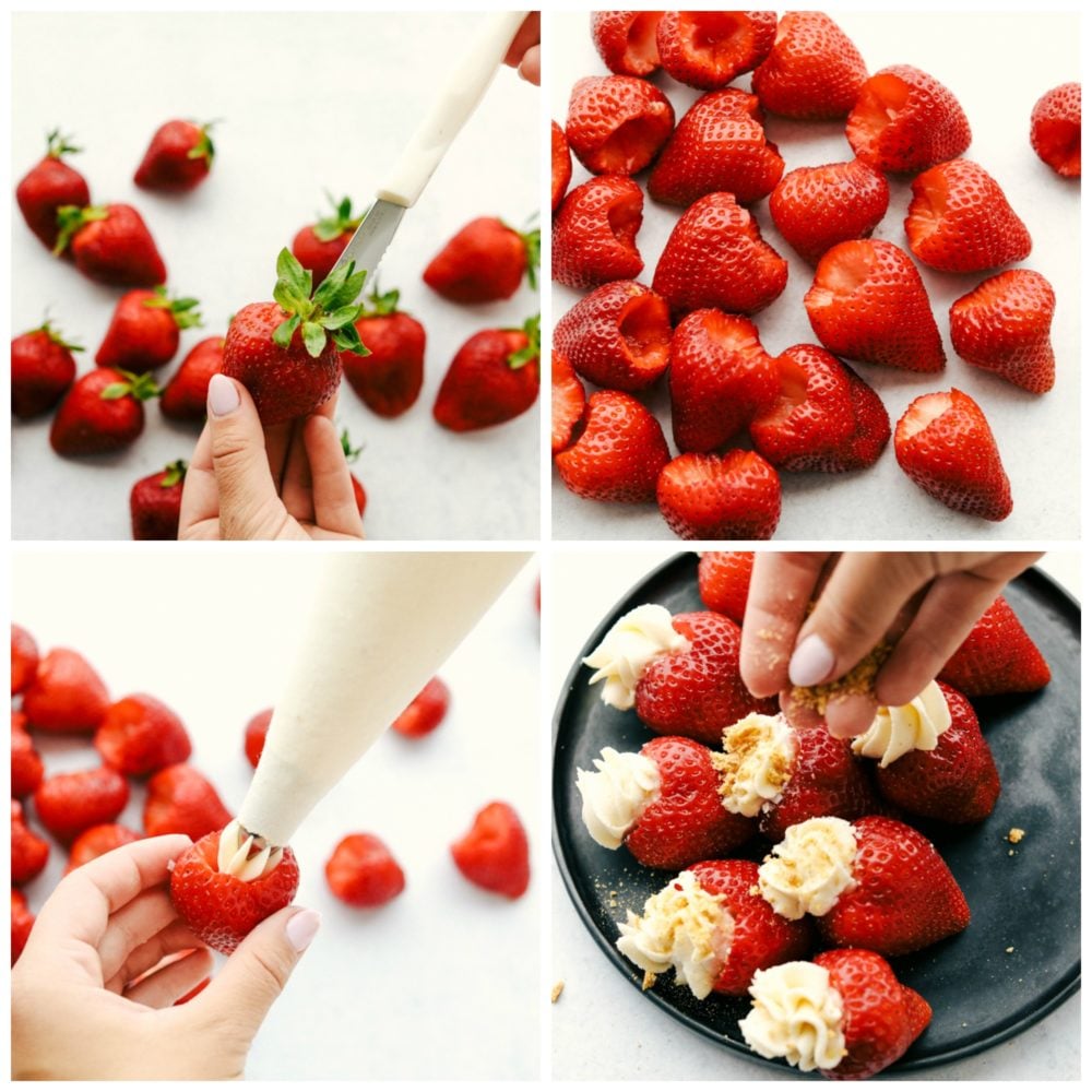 Steps to make cheesecake stuffed strawberries.