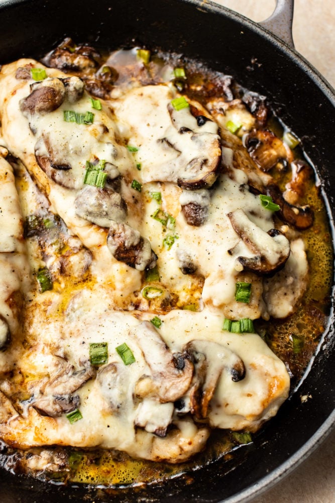 Chicken Lombardy close-up in a cast iron skillet