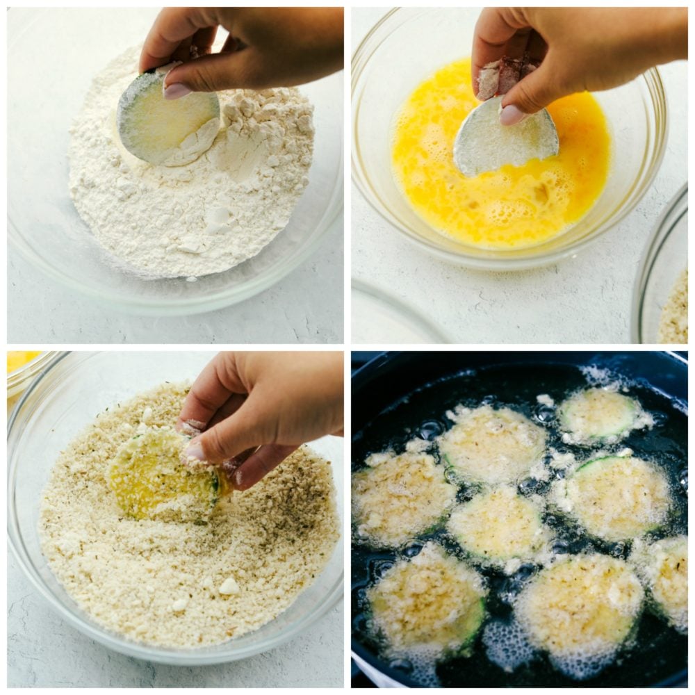 Schritte zur Zubereitung knuspriger, mit Parmesan gebratener Zucchini.