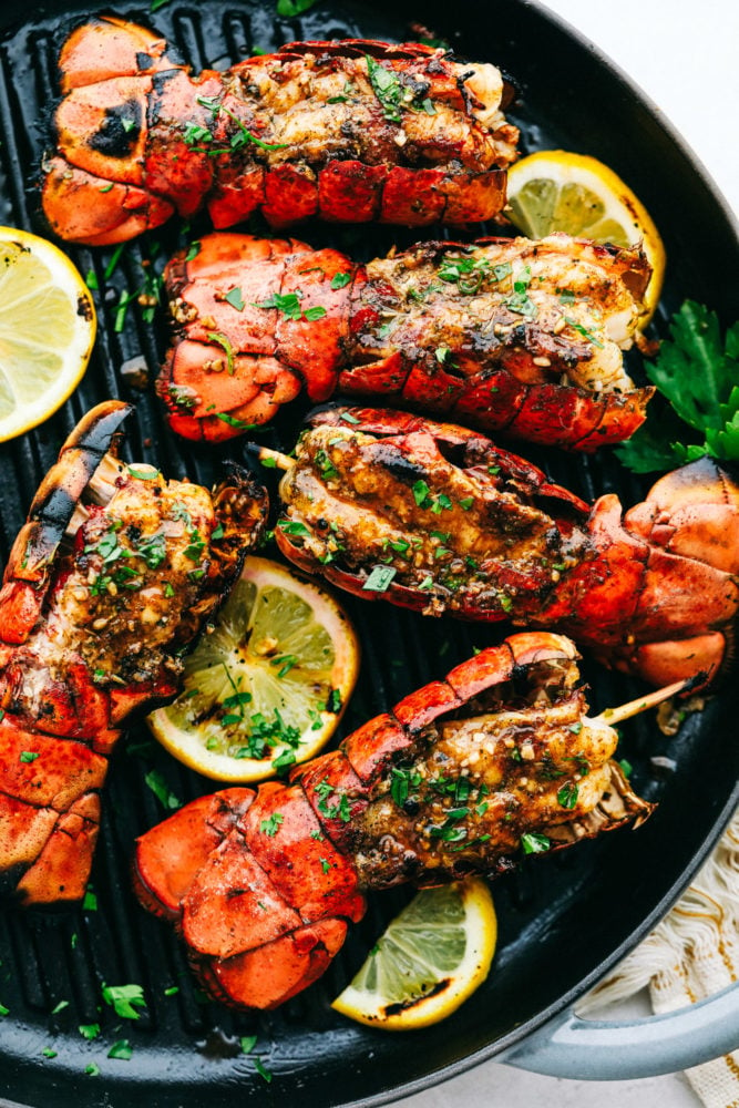 Lobster tail on grill pan.