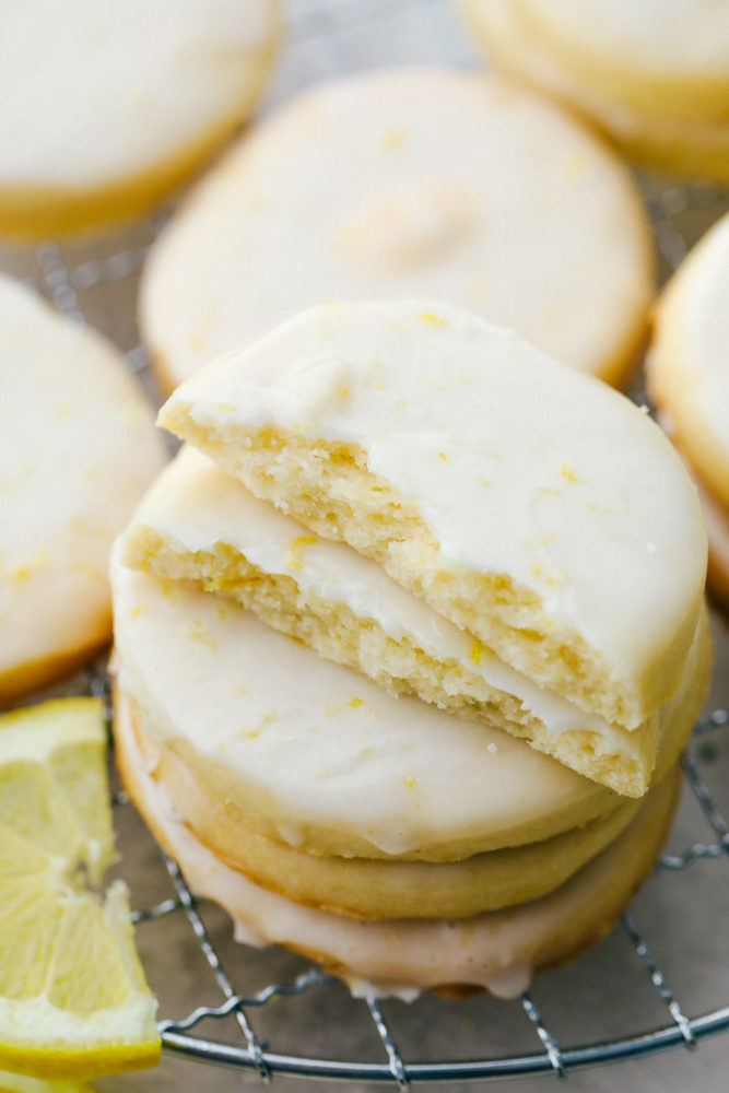 Close up on a stack of lemon shortbread cookies.