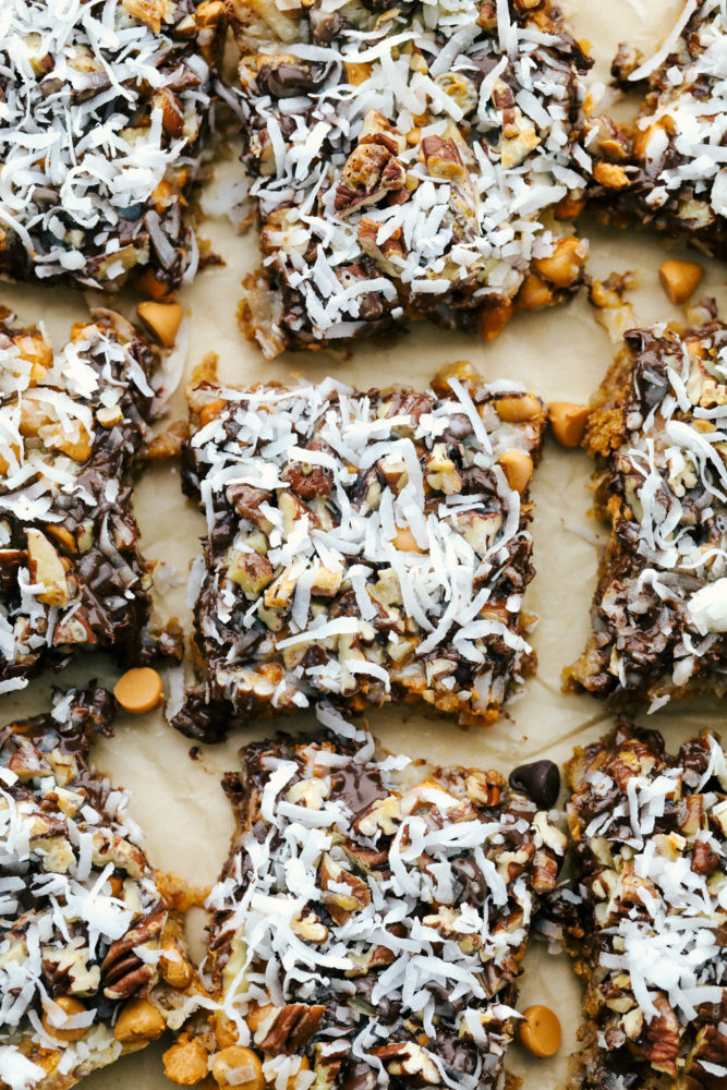 7 layer bars cut into squares.