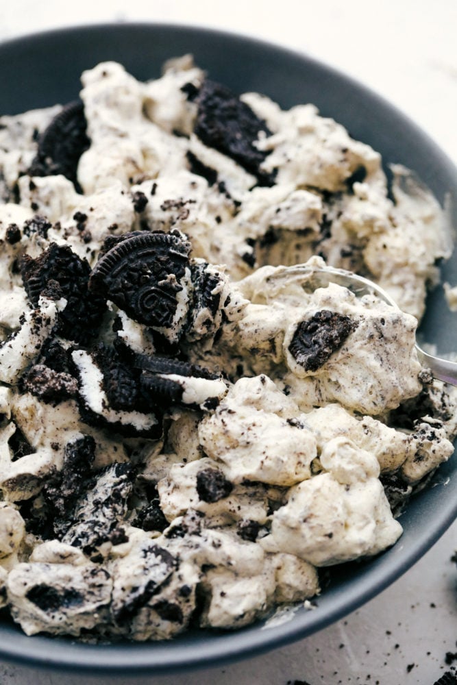 Oreo fluff dessert in a bowl.