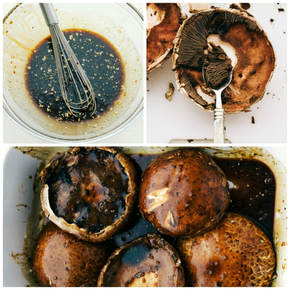 Schritte zur Zubereitung gegrillter Portobello-Pilze.