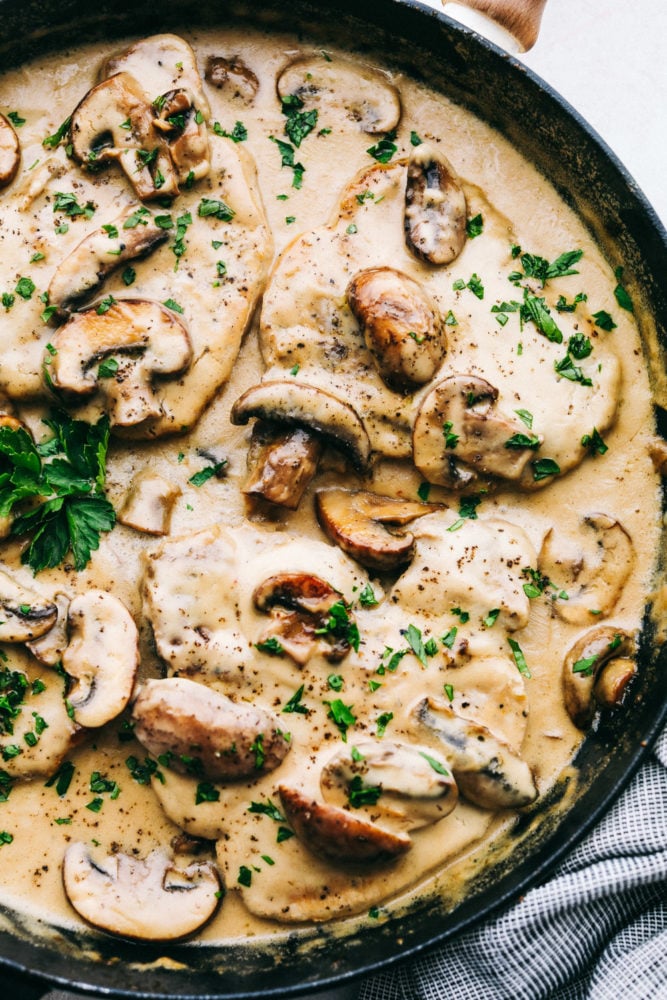 Smothered pork chops in the pan.