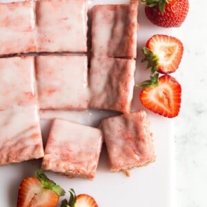strawberry brownies cut in squares overhead