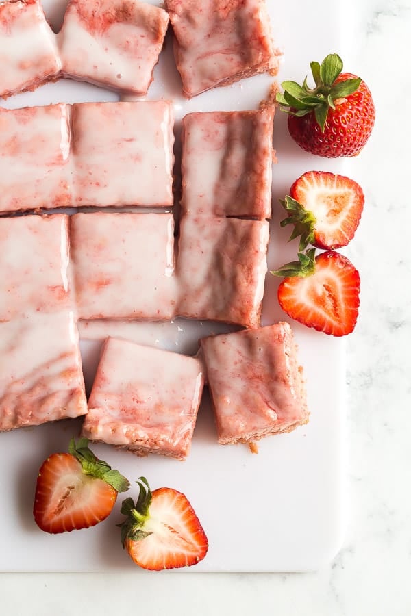 Strawberry Cinnamon Rolls with Lemon Cream Cheese Glaze 3 strawberry brownies cut in squares overhead