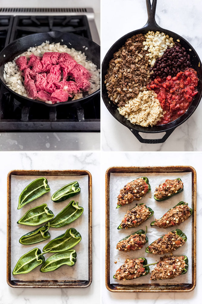 A collage of images showing how to make stuffed poblano peppers.