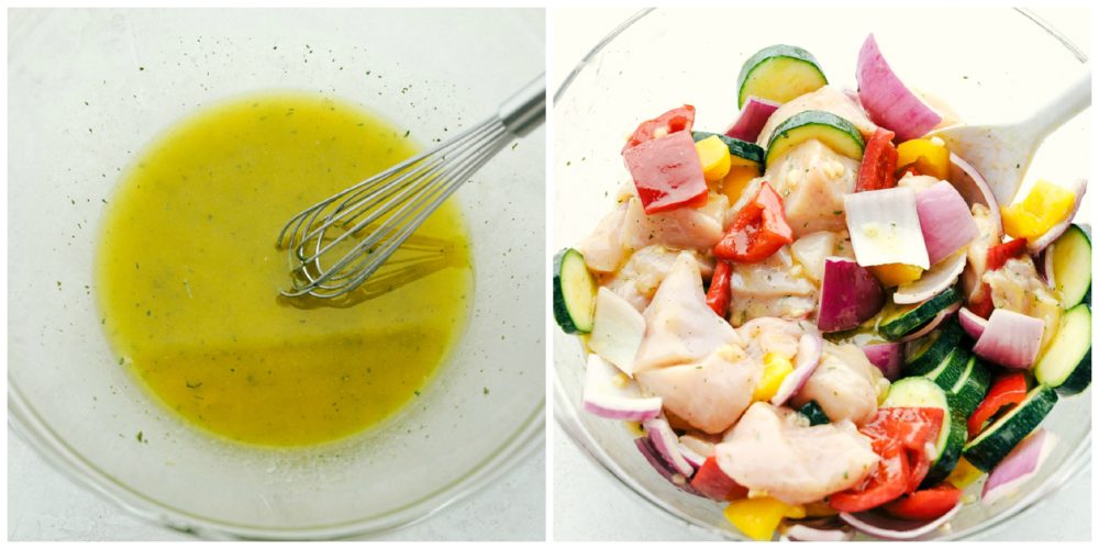 Two photos next to each other. One with the garlic ranch seasoning mix and the other photo with the chicken and vegetables being stirred together with the mix. 
