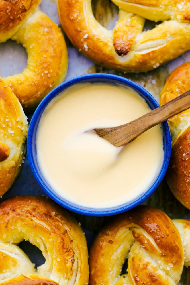 Cheese sauce in a bowl.