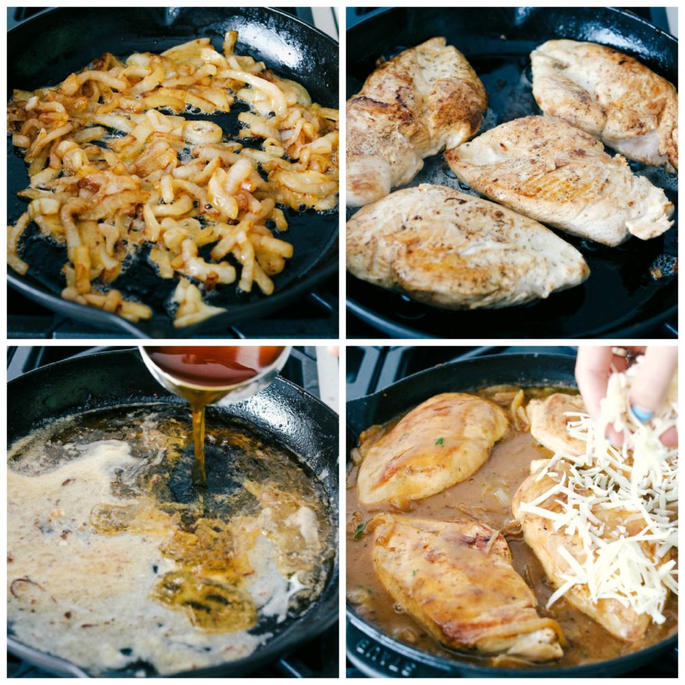 Steps to make skillet french onion chicken.