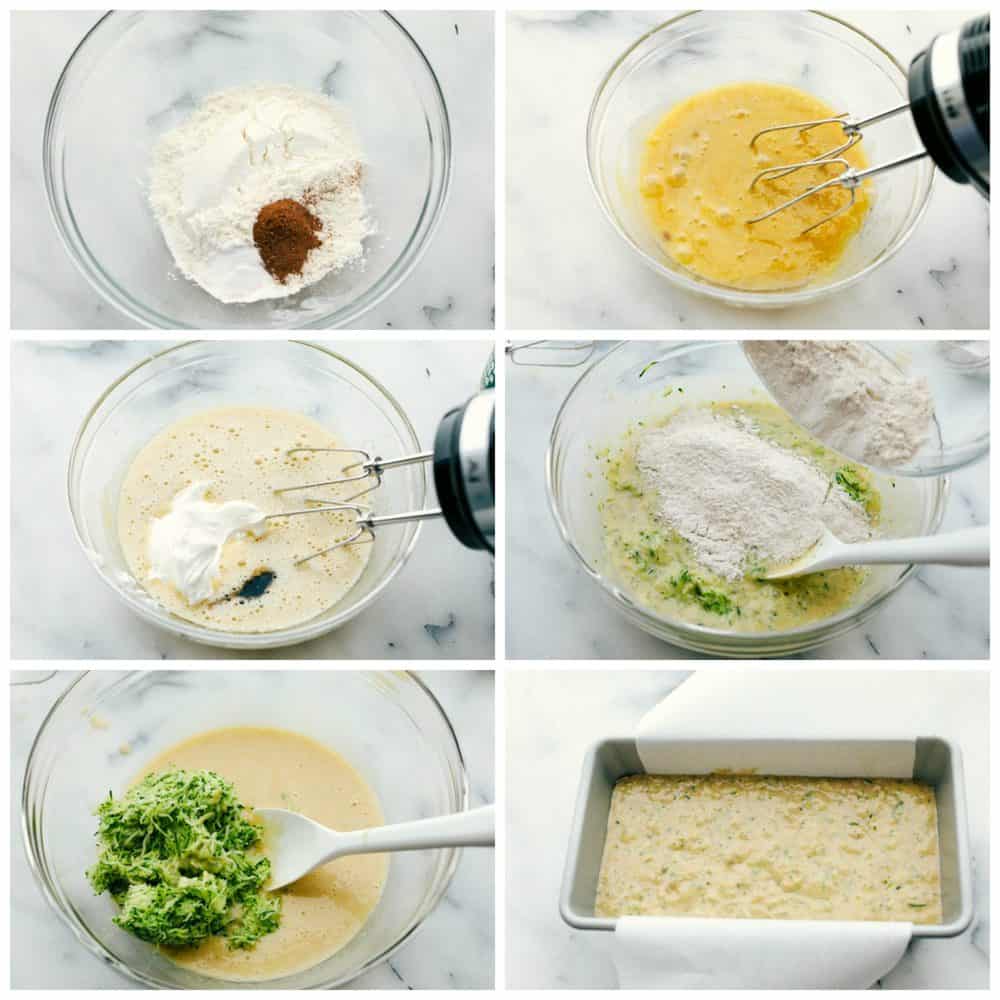 The process of making zucchini bread in six photo steps. 