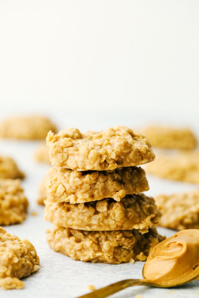 Stack of peanut butter no bake cookies.