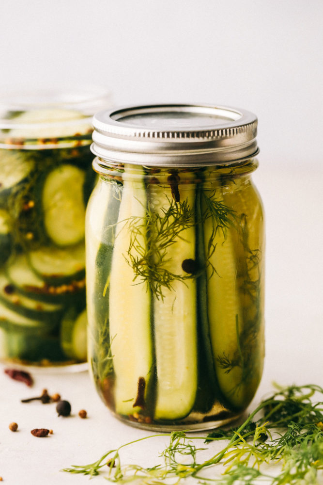 Jar of refrigerator pickles.