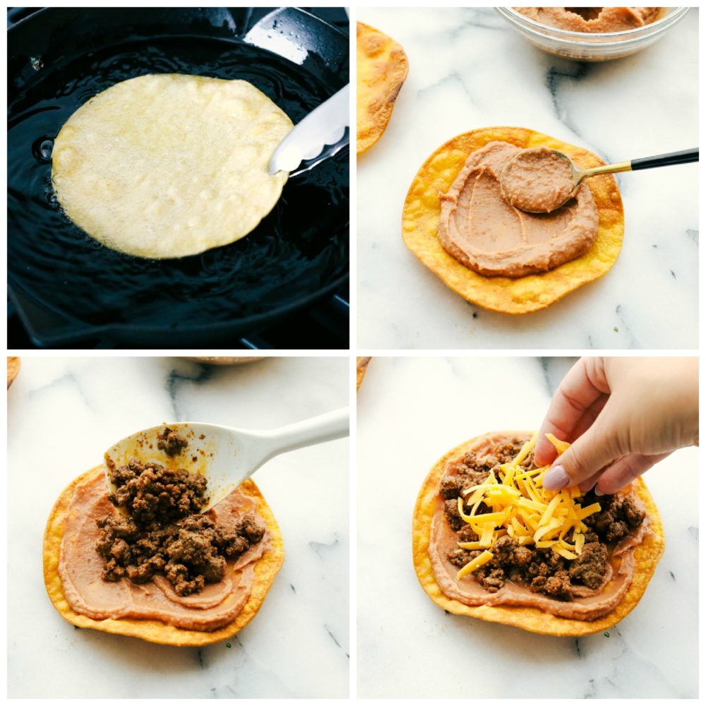 The process of frying tortillas to make tostadas. 