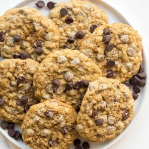 overhead image of oatmeal chocolate chip cookies on plate