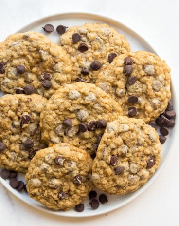 overhead image of oatmeal chocolate chip cookies on plate