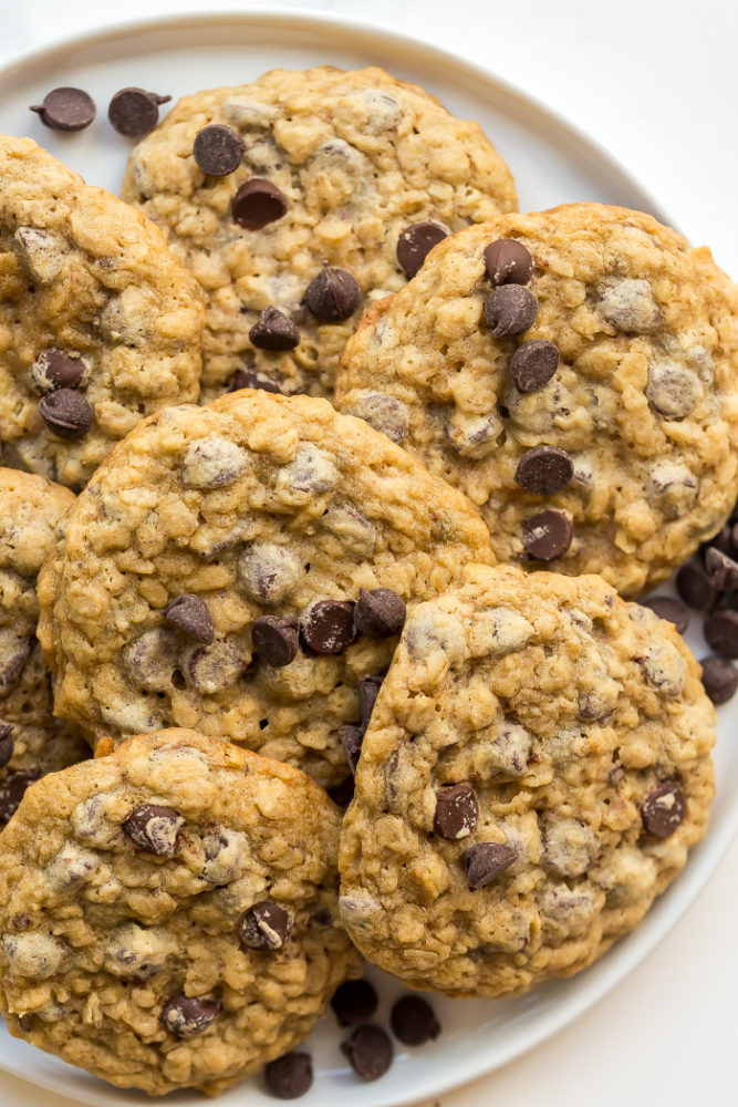 close up image of oatmeal chocolate chip cookies