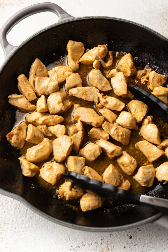 hibachi chicken in a cast iron skillet