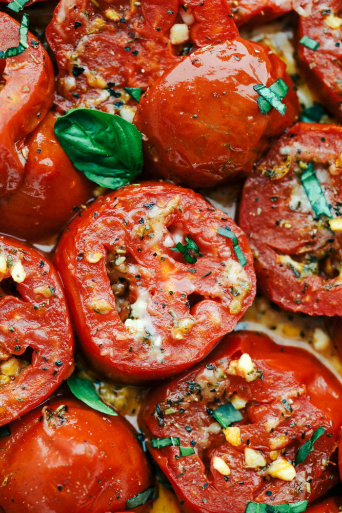 Sliced tomatoes roasted with garlic and basil.