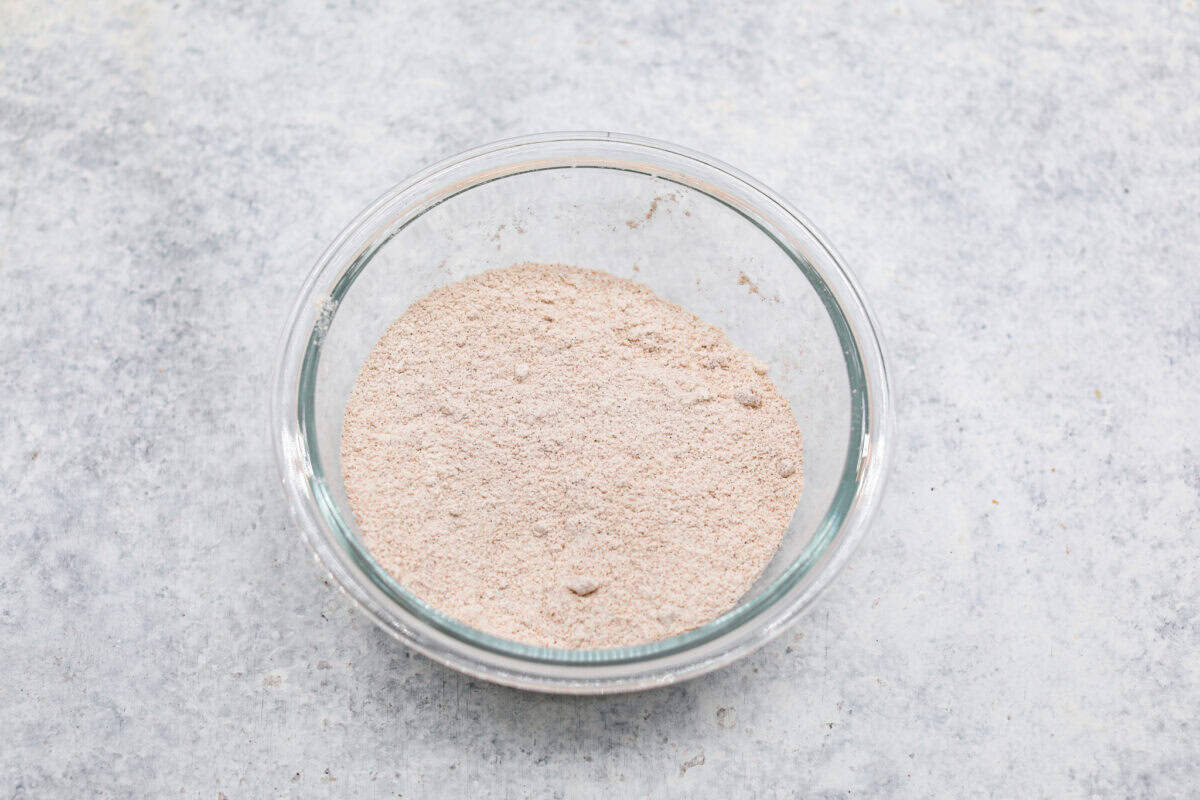 Overhead shot of the streusel  dry ingredients mixed in a bowl.