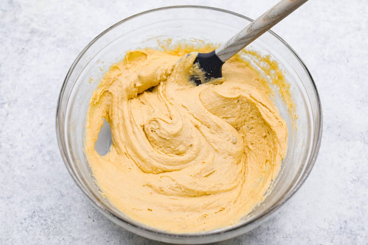 Overhead shot of the dry and wet cake ingredients mixed together in a bowl. 