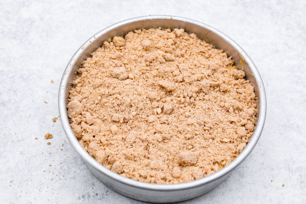 Overhead shot of the second layer of the coffee cake with the streusel crumble over the top. 