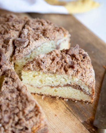 Coffee cake slices on a wooden board