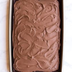 Texas sheet cake whole in pan with frosting