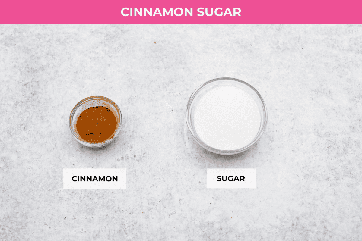 Overhead shot of labeled Cinnamon Sugar swirl ingredients. 