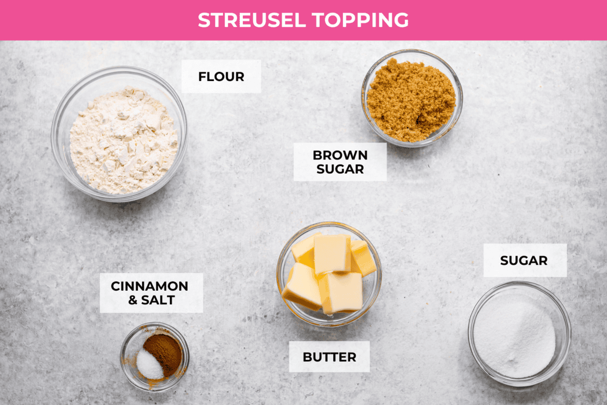 Overhead shot of labeled streusel topping ingredients for the coffee cake. 