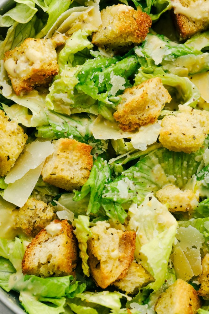 Crispy, light and fresh Caesar Salad with homemade dressing and croutons.