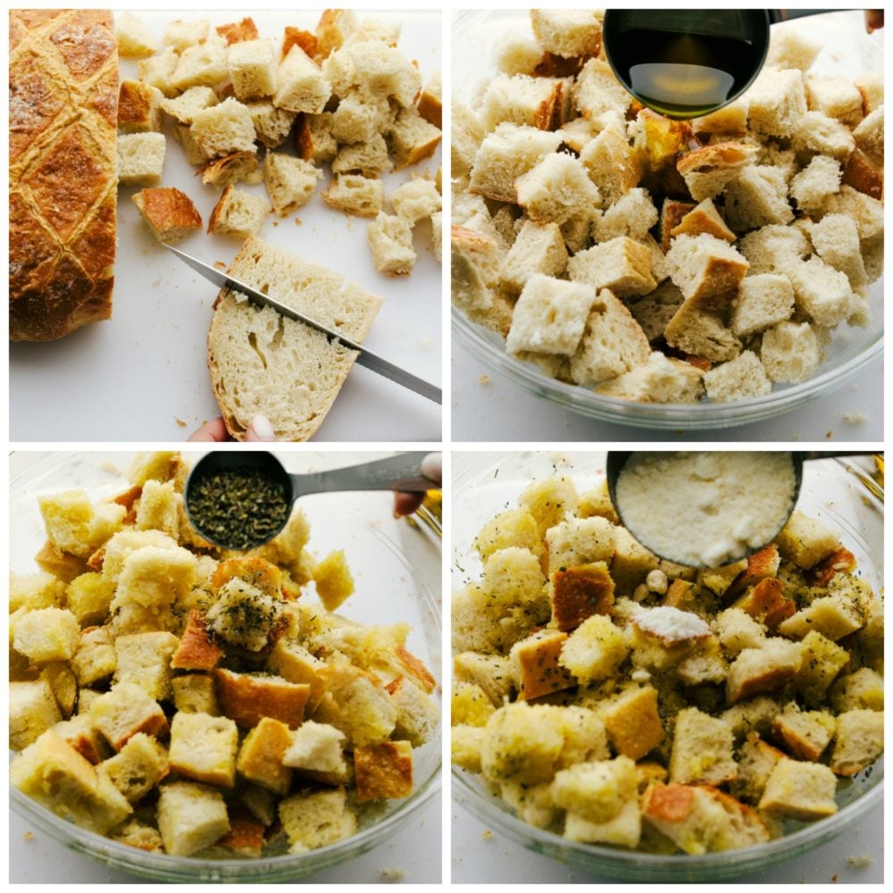 Making perfectly crunchy homemade croutons.