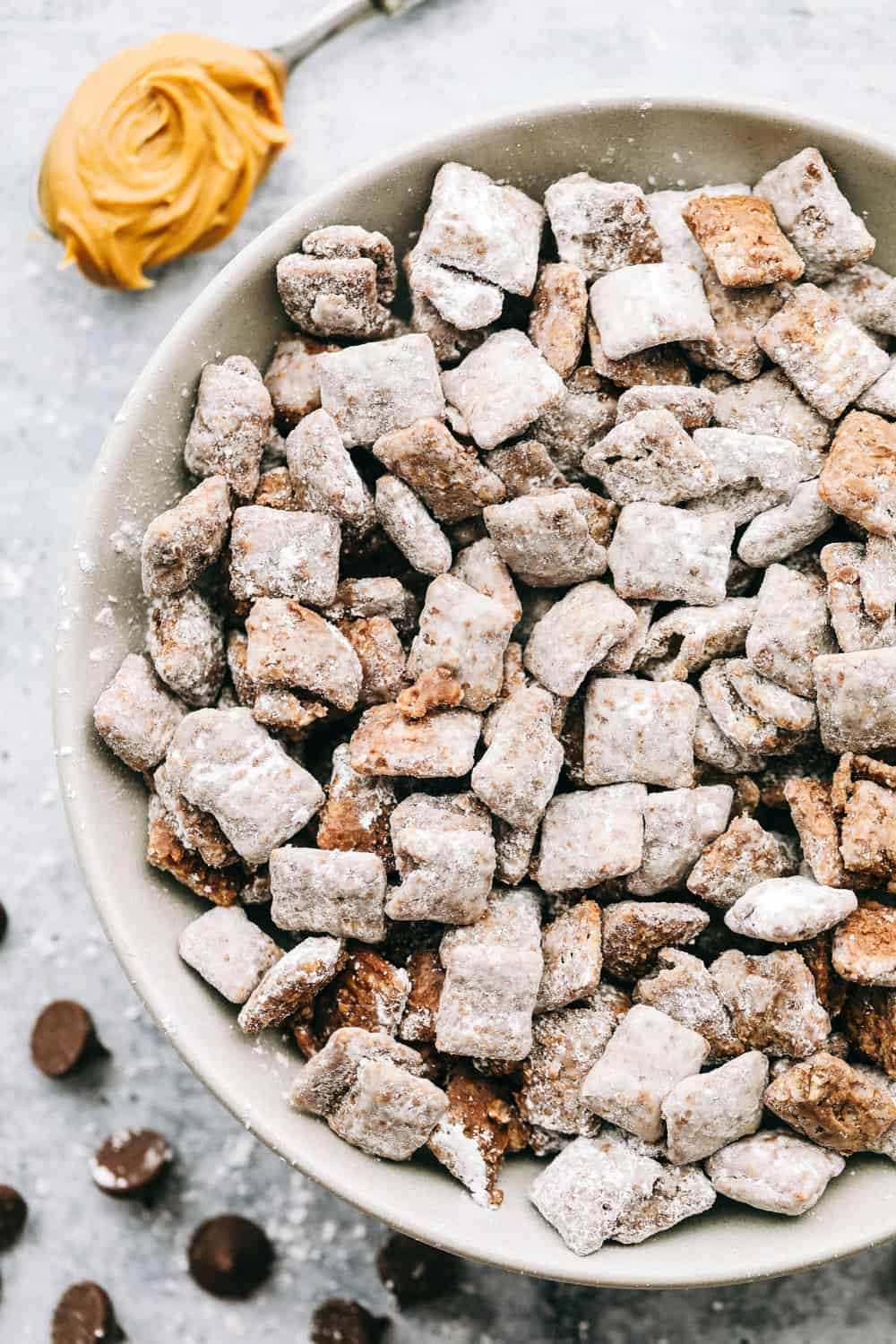 Classic muddy buddies, is cereal mixed with chocolate, peanut butter and powdered sugar.