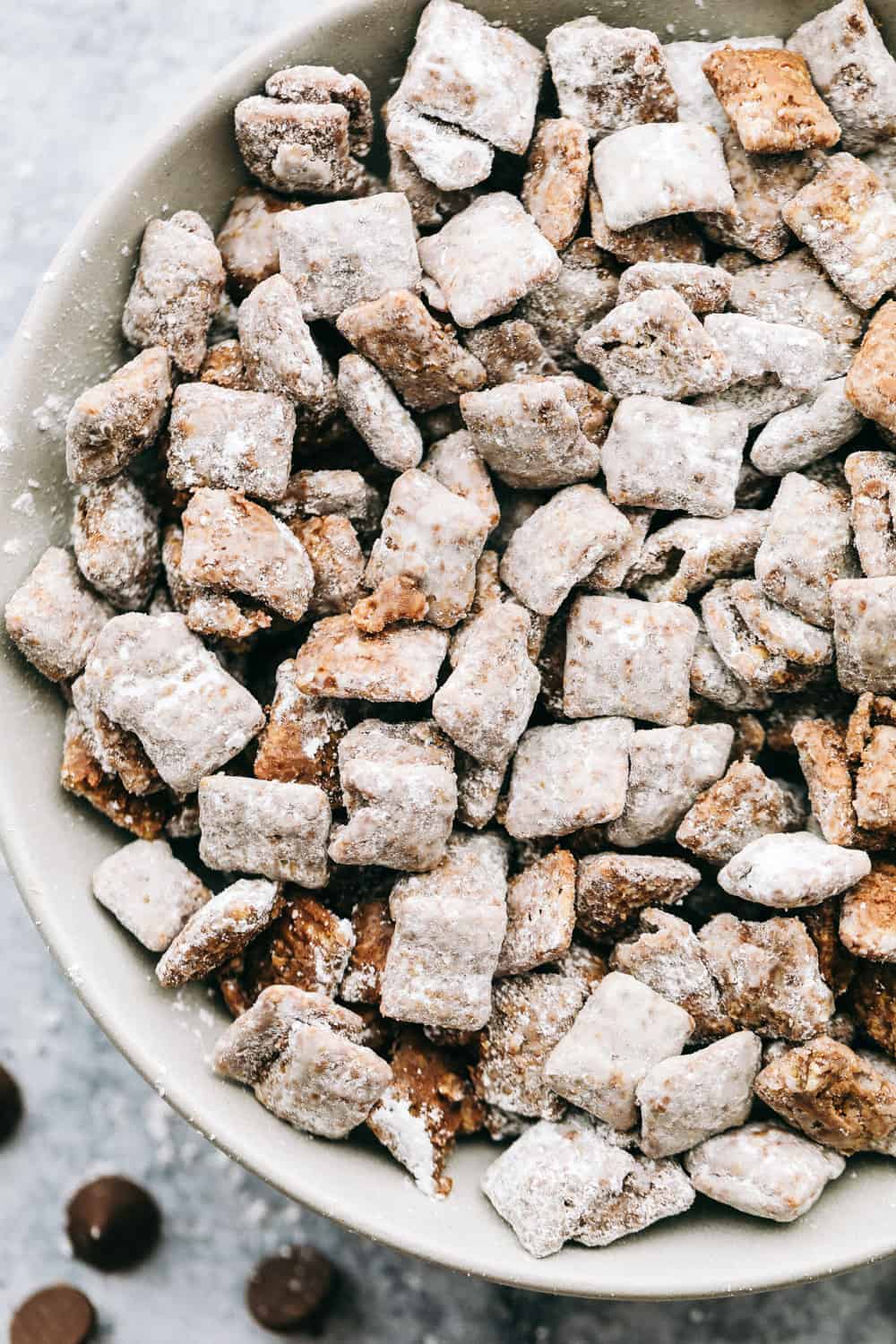 Classic muddy buddies, is cereal mixed with chocolate, peanut butter and powdered sugar.