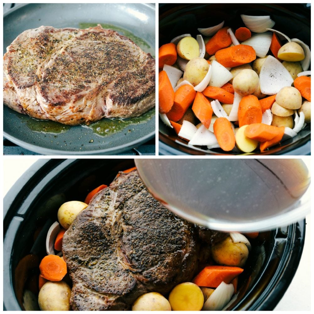 3-photo collage of roast and vegetables  being added to a slow cooker.