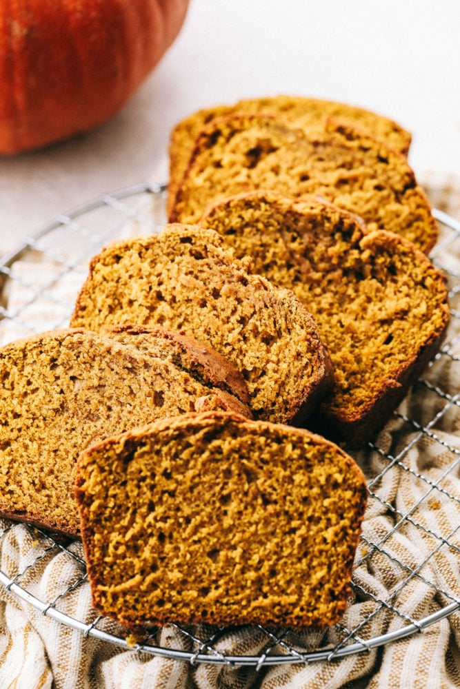 Perfectly spiced moist and tender pumpkin bread sliced up. 