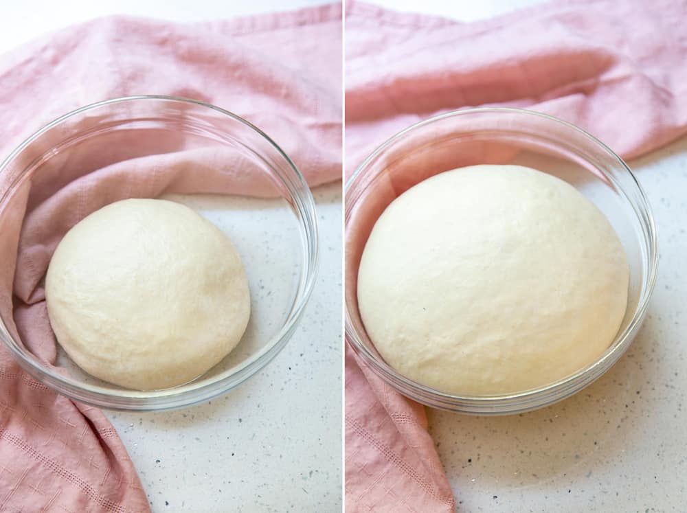 Dough in a bowl risen to double in size